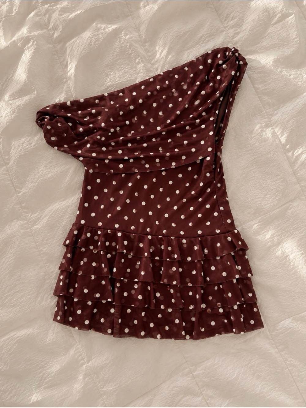 Ally Fashion Burgundy Polka Dot One-Shoulder Midi Dress